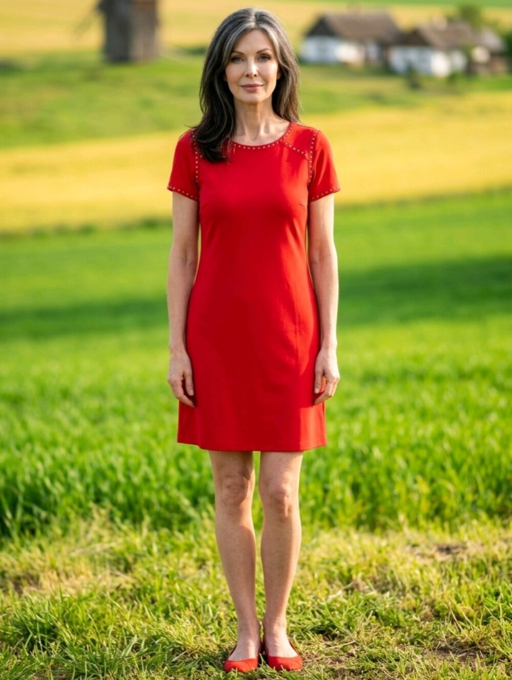 🔺️Calvin Klein Red w/Gold Studs Flowy Short Sleeve Dress Size 6